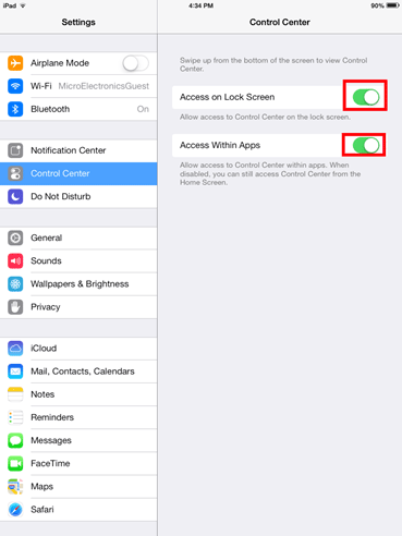iOS 7 Control Center, Enable or Disable